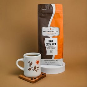 Fresh Roasted Coffee tarrazu bag label side highlights sustainable roasting and origin