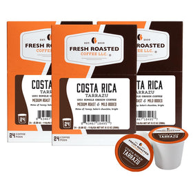 Fresh Roasted Coffee Tarrazu pods packaging highlights sustainable, BPA-free materials.