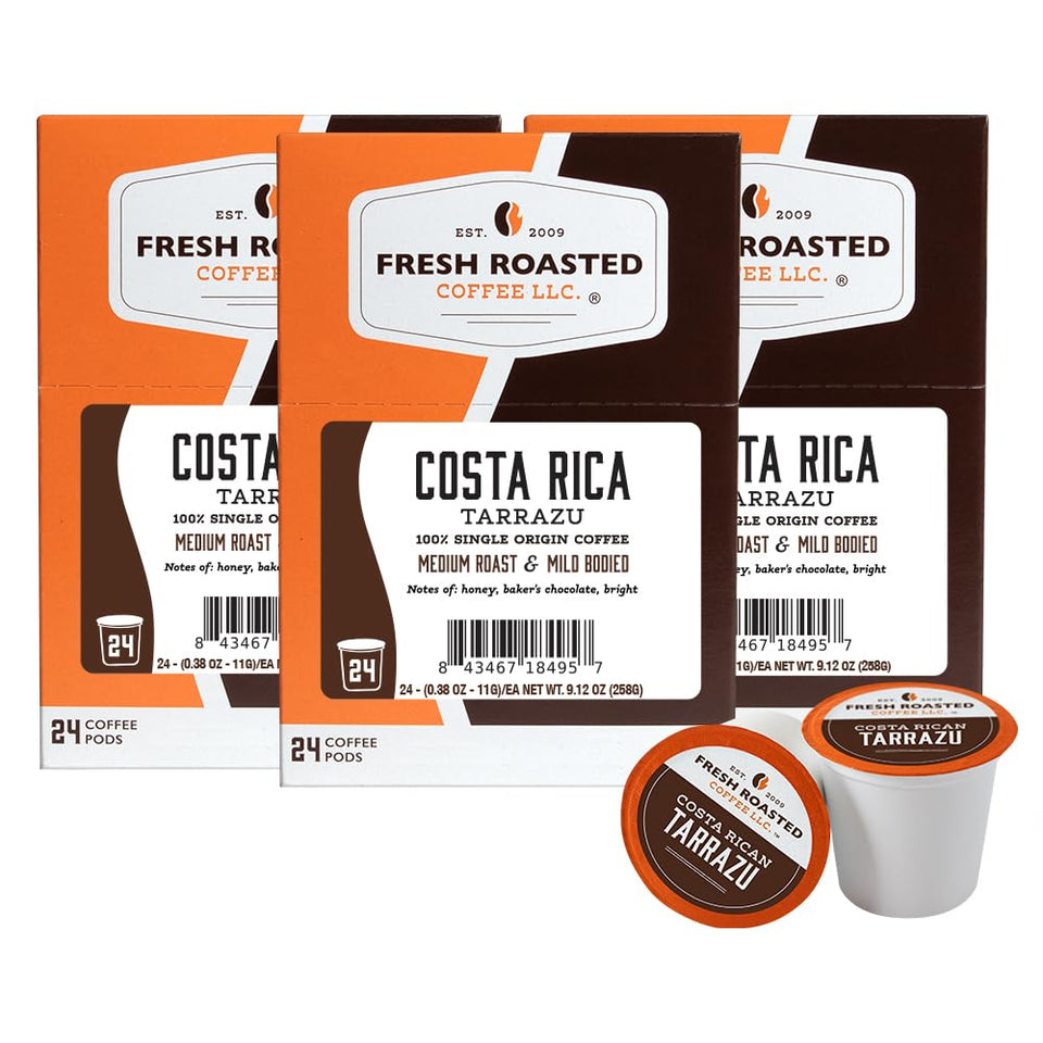 Fresh Roasted Coffee Tarrazu pods packaging highlights sustainable, BPA-free materials.