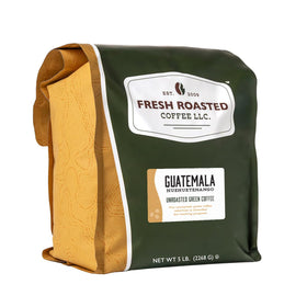 Fresh Roasted Coffee unroasted Guatemala Huehuetenango bag is ready for home roasting, offering flavor control ahead.