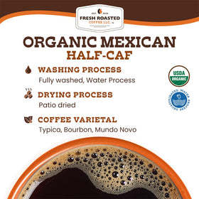 Fresh Roasted Coffee packaging shows USDA and Kosher certification for trusted quality.