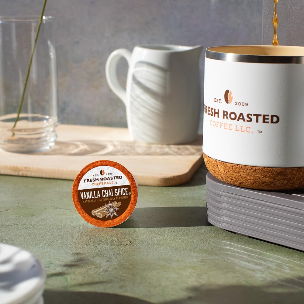 Fresh Roasted Coffee Vanilla Chai Spice brew in a cup.