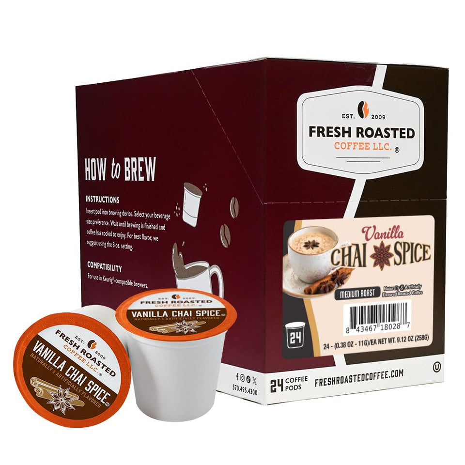 Fresh Roasted Coffee Vanilla Chai Spice pods for quick, flavorful mornings.