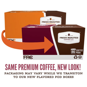 Fresh Roasted Coffee vanilla decaf pod on a warm cup setup