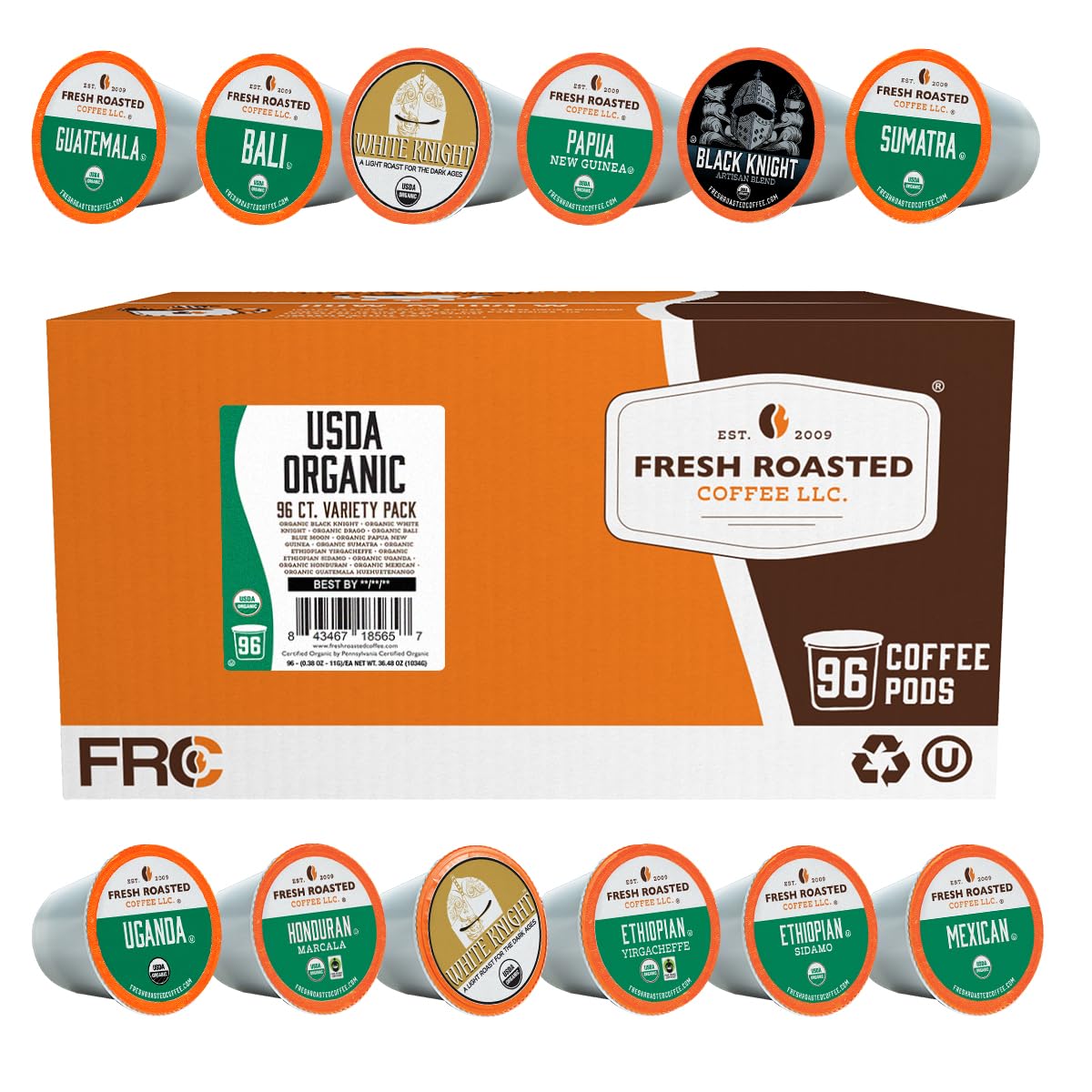 Fresh Roasted Coffee variety pack front view with 96 K-Cup pods for easy daily brewing.