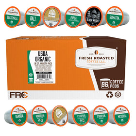 Fresh Roasted Coffee variety pack front view with 96 K-Cup pods for easy daily brewing.
