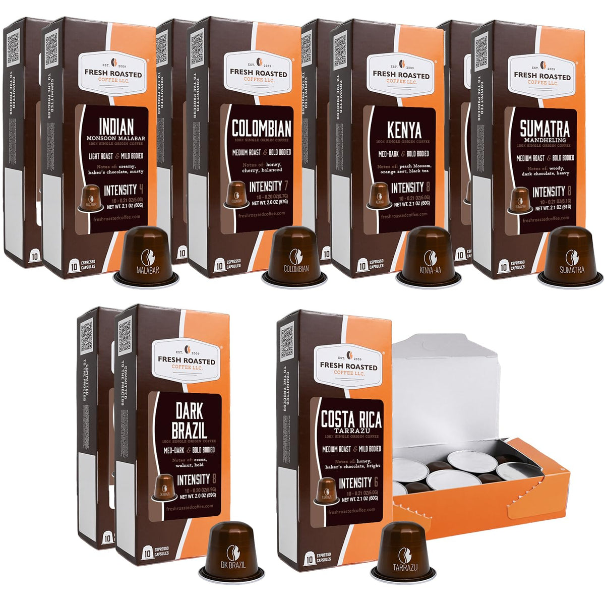 Fresh Roasted Coffee variety pack: a colorful assortment of single-origin espresso capsules.