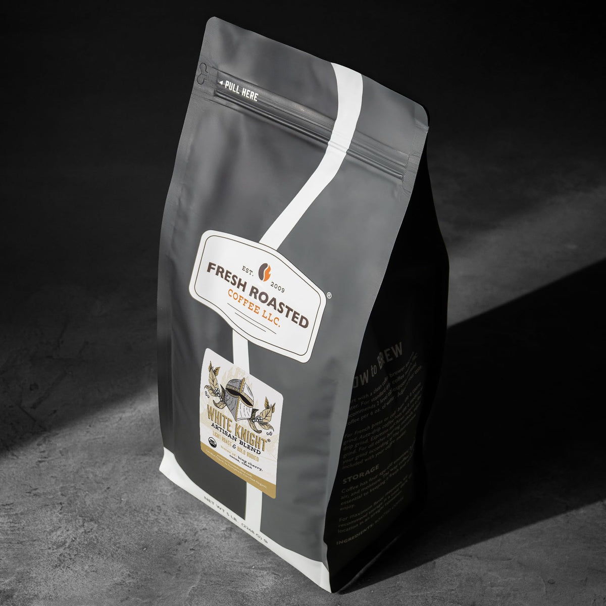 Fresh Roasted Coffee White Knight organic seal on label signals quality.