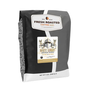 Fresh Roasted Coffee White Knight whole bean bag in pantry for fresh daily brewing.