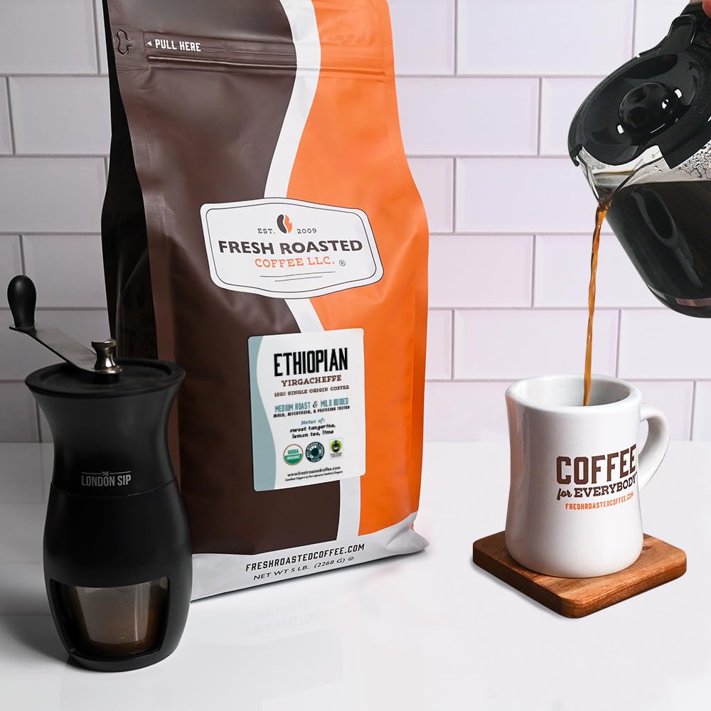 Fresh Roasted Coffee Yirgacheffe cooperative origin image highlighting sustainable farming.