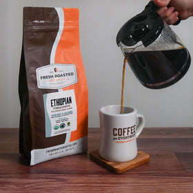 Fresh Roasted Coffee Yirgacheffe ground coffee ready for drip brewing.