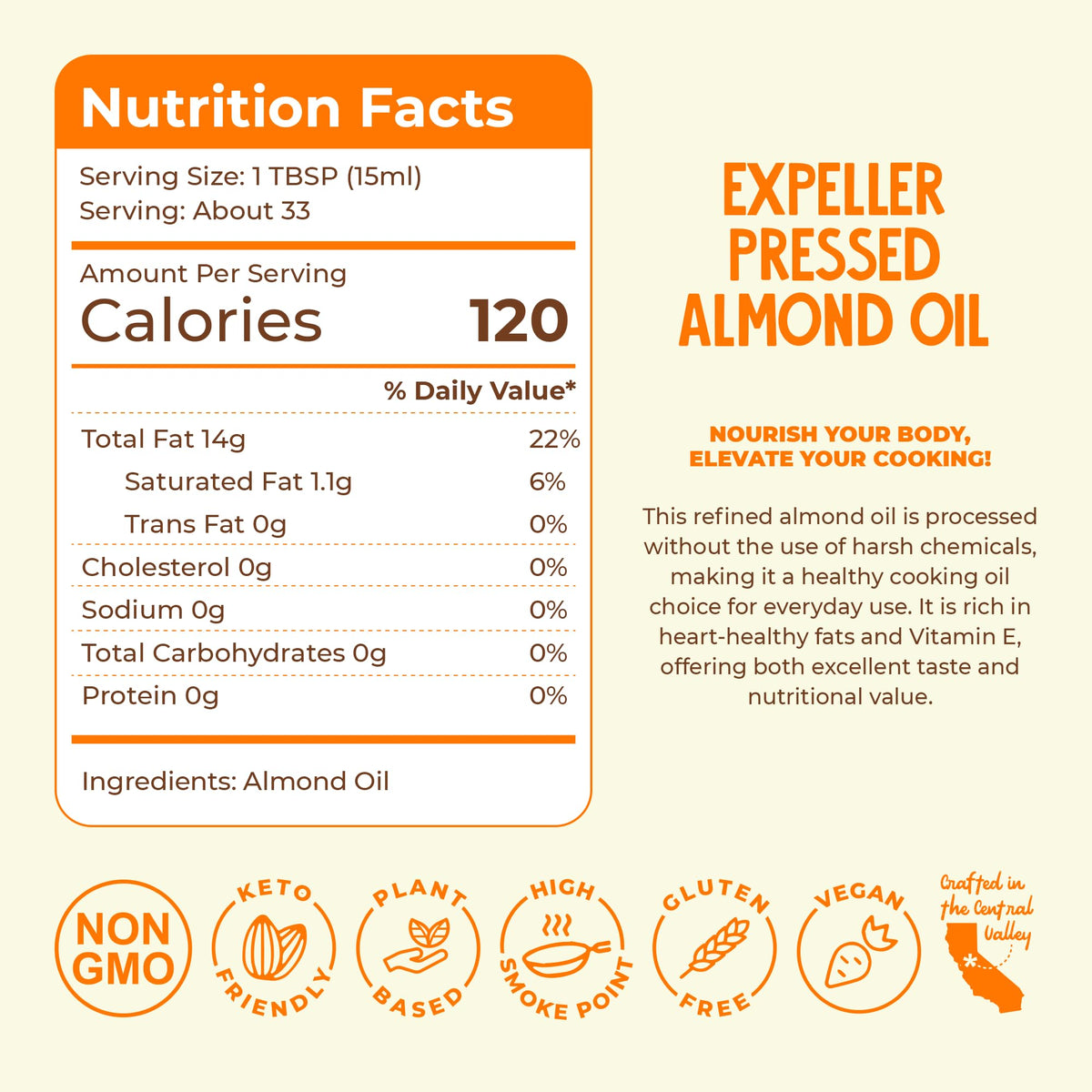 Fresh Vintage Farms almond oil bottle closeup highlighting the clean expeller-pressed process