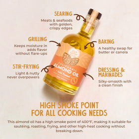 Fresh Vintage Farms almond oil bottle closeup highlighting premium cold-pressed flavor