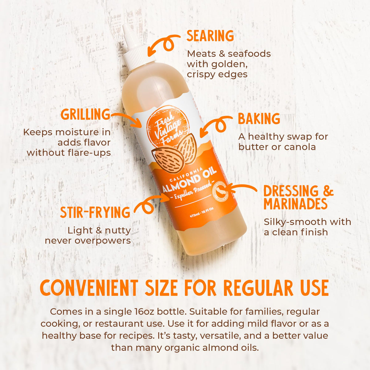 Fresh Vintage Farms almond oil label shot emphasizing California-sourced almonds