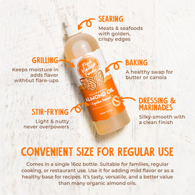 Fresh Vintage Farms almond oil label shot emphasizing California-sourced almonds