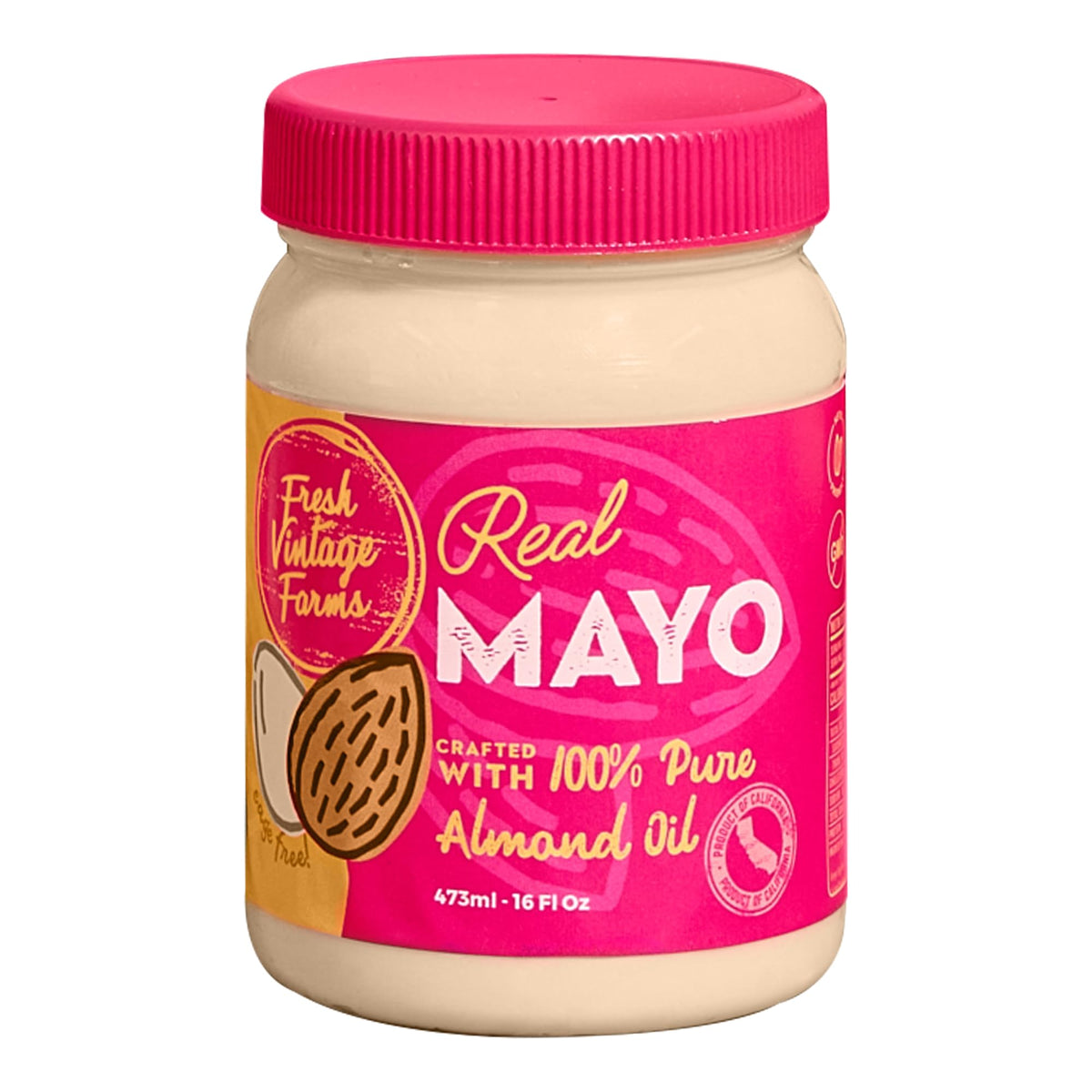 Fresh Vintage Farms almond oil mayonnaise jar, smooth texture ideal for sandwiches.