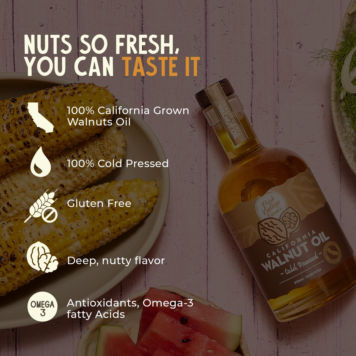 Fresh Vintage Farms Walnut Oil for bread dipping and savory finishes