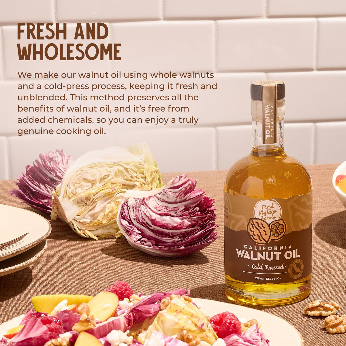 Fresh Vintage Farms walnut oil in a dressing bowl ready to mix