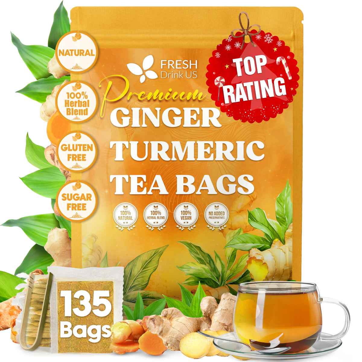 FreshDrinkUS 135 ginger turmeric tea bags for pure, caffeine-free daily brew