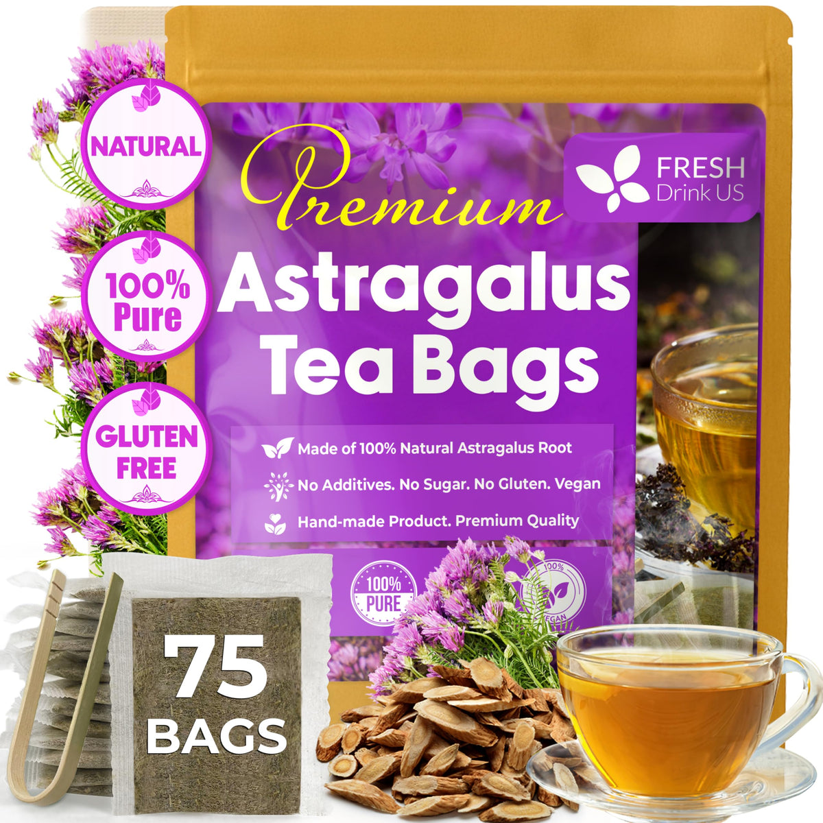 FreshDrinkUS astragalus root tea bags pack shows natural sourcing and eco-friendly packaging.