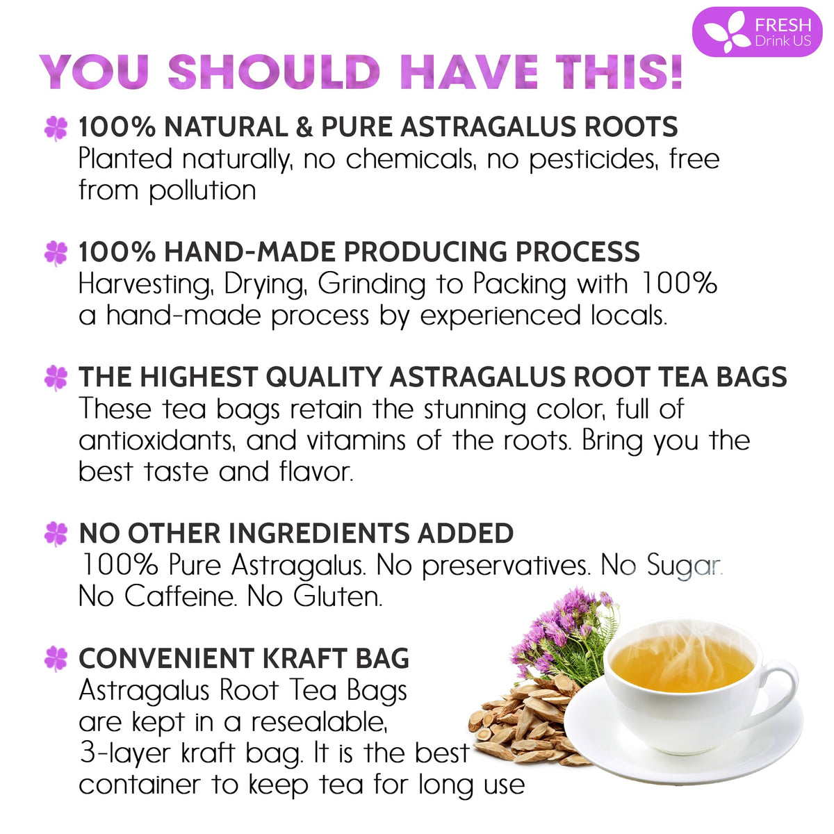 FreshDrinkUS astragalus tea brew cup highlights caffeine-free herbal relaxation.