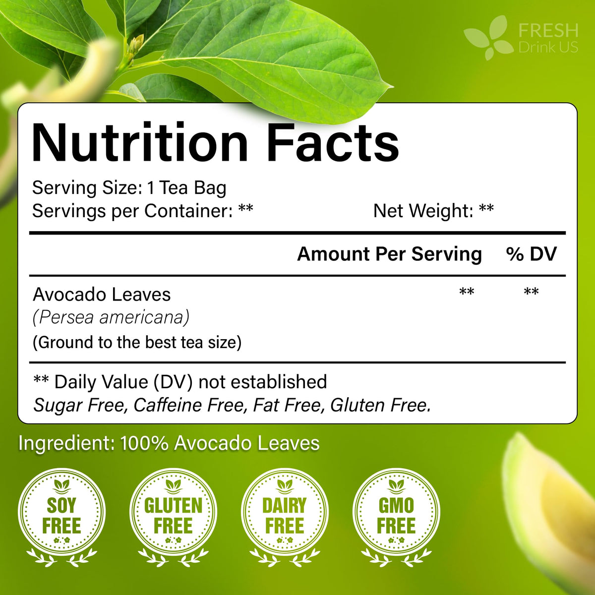 FreshDrinkUS avocado leaf tea bags close-up showing dried leaves and herbal richness.