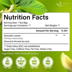 FreshDrinkUS avocado leaf tea bags close-up showing dried leaves and herbal richness.