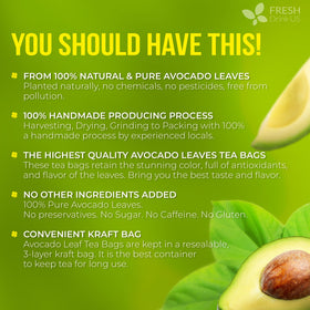 FreshDrinkUS avocado leaf tea bags steeping in hot water for a smooth caffeine-free cup.