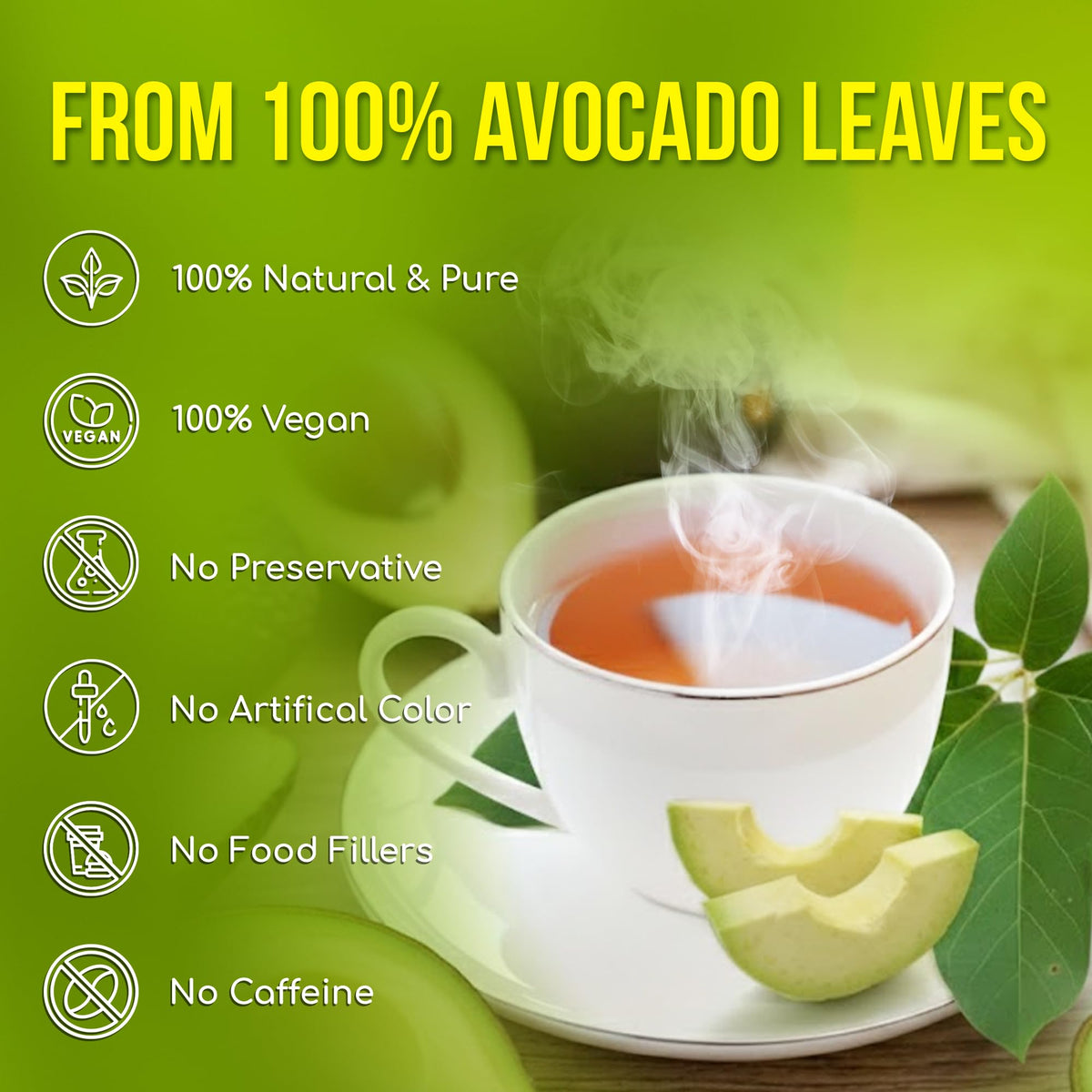 FreshDrinkUS avocado leaf tea bags resting in a mug, ready for quiet moments.
