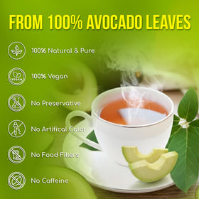 FreshDrinkUS avocado leaf tea bags resting in a mug, ready for quiet moments.
