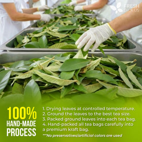FreshDrinkUS avocado leaf tea bags label close-up emphasizing quality and care.