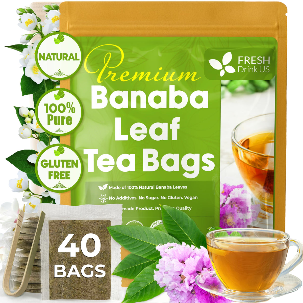 FreshDrinkUS banaba tea bag closeup highlighting natural leaves for a caffeine-free tea.