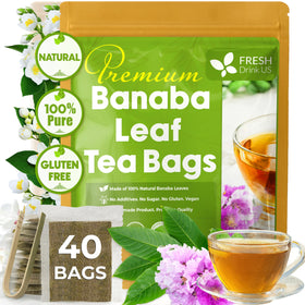 FreshDrinkUS banaba tea bag closeup highlighting natural leaves for a caffeine-free tea.
