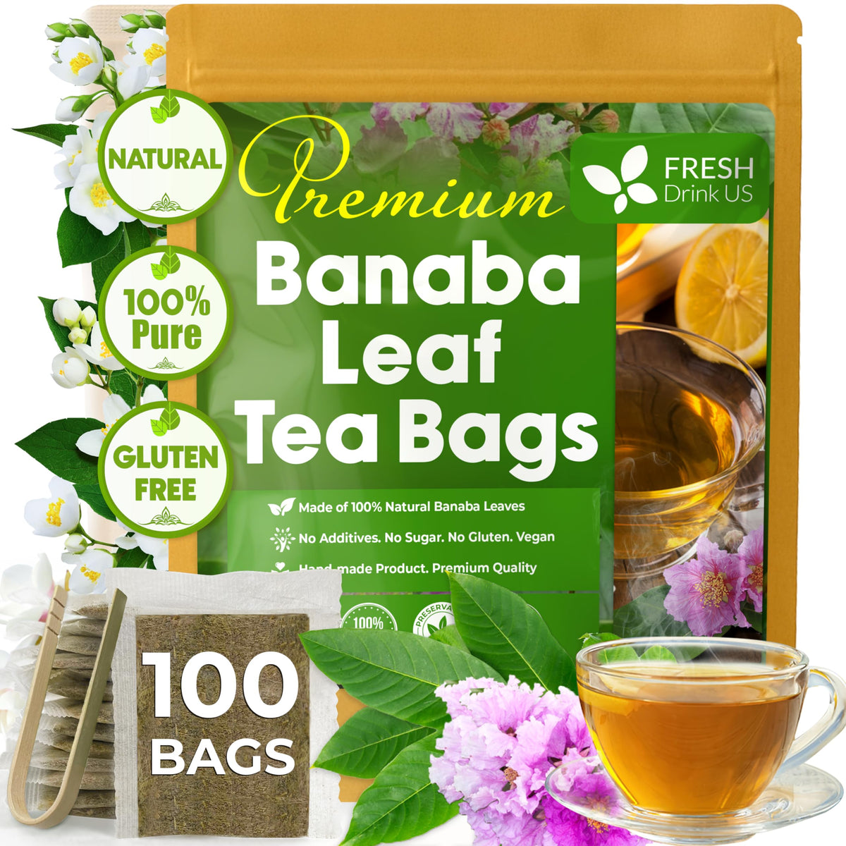 FreshDrinkUS Banaba tea bag close-up; convenient, ready to brew.