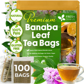 FreshDrinkUS Banaba tea bag close-up; convenient, ready to brew.