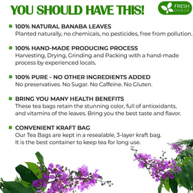 FreshDrinkUS Banaba tea bag packaging; eco-friendly design.