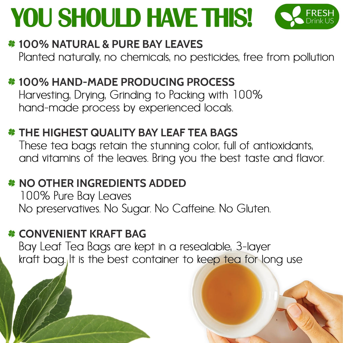 FreshDrinkUS bay leaf tea bag in cup, natural aroma and smooth flavor.