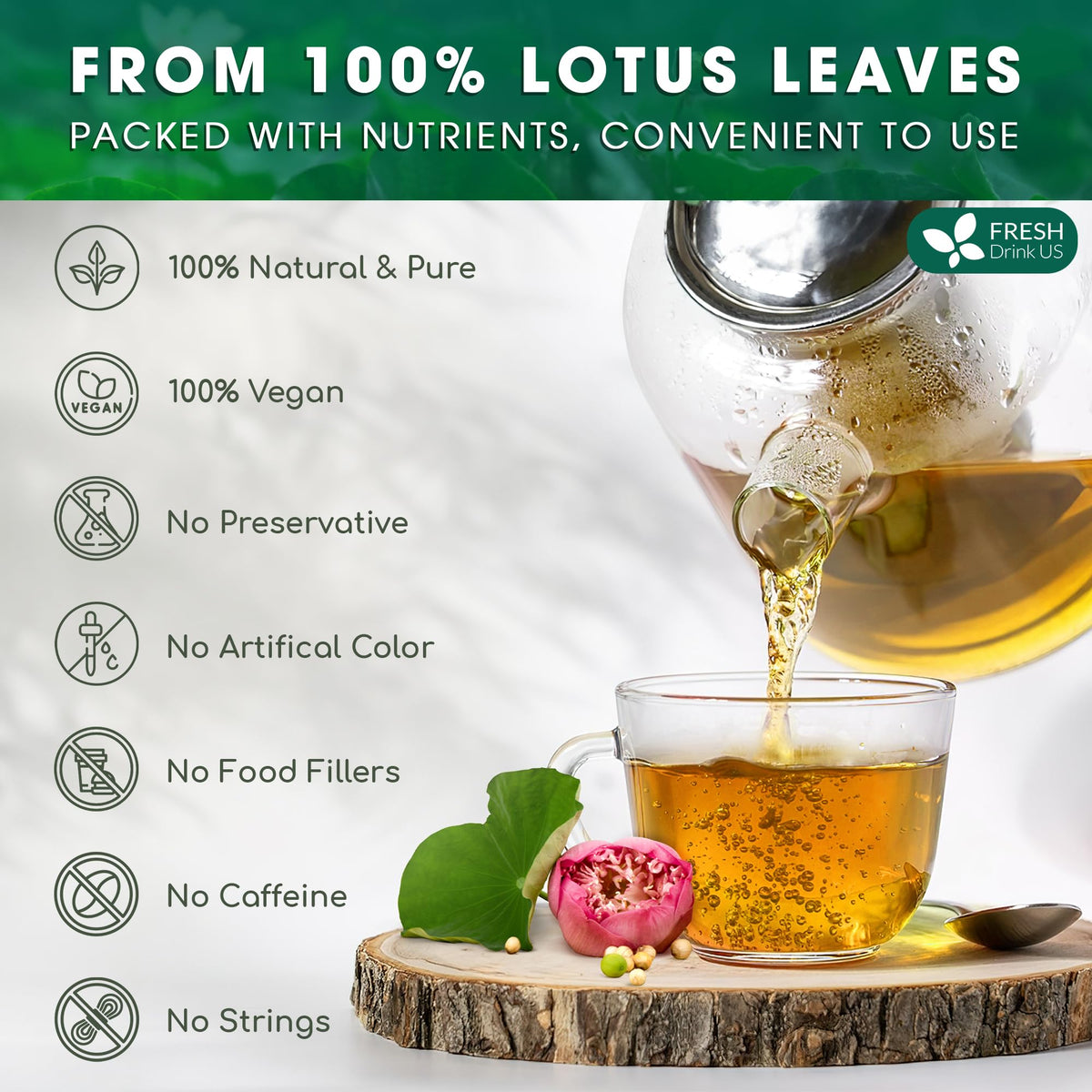 FRESHDRINKUS biodegradable tea bags highlight eco-friendly, quick brewing.