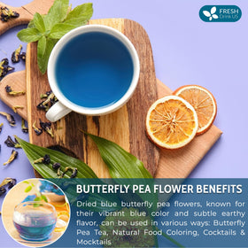 FreshDrinkUS blue butterfly pea flowers drying on kitchen counter for culinary use