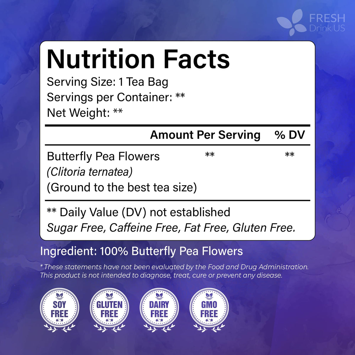 FreshDrinkUS butterfly pea tea bags close-up with vibrant leaves and fragrance