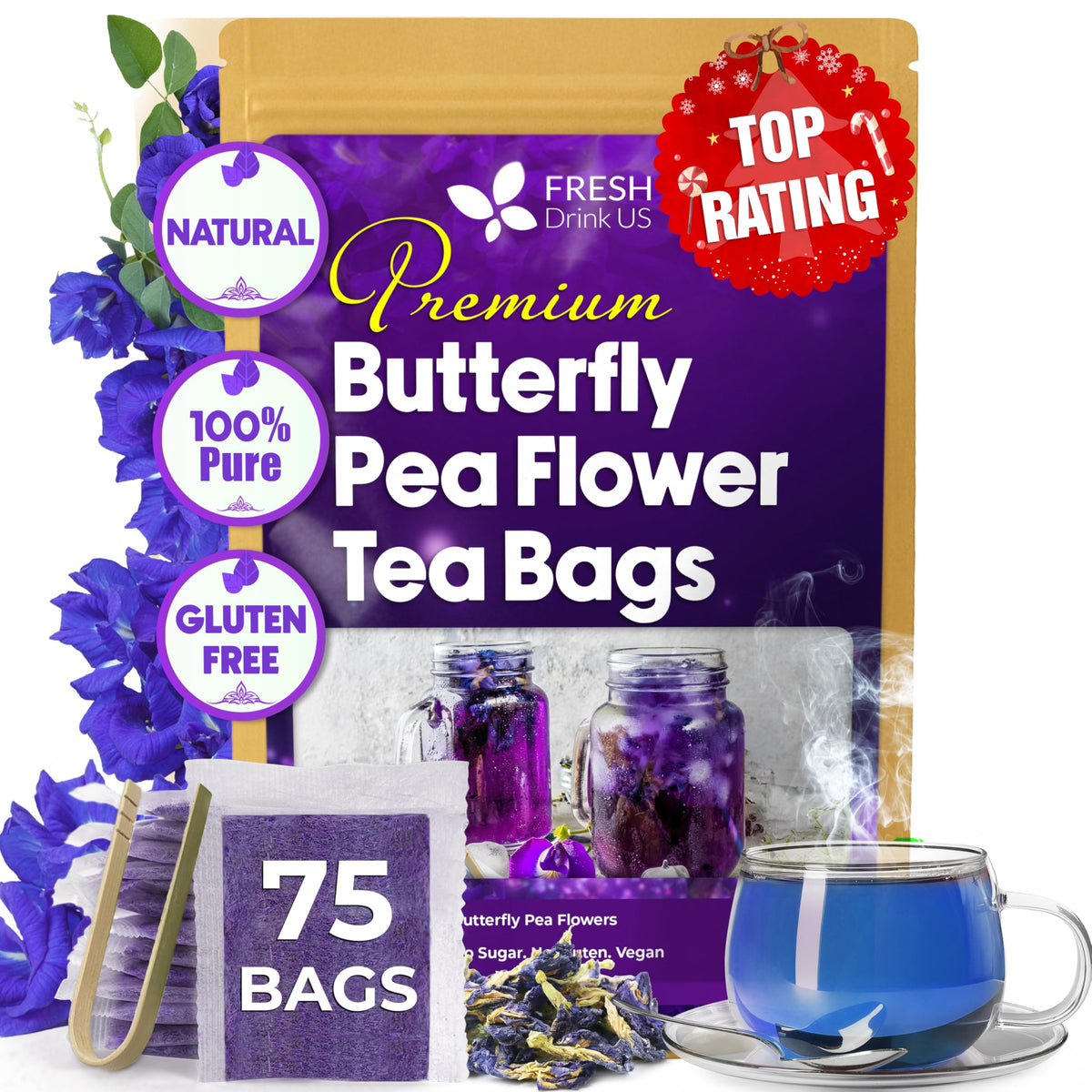 FreshDrinkUS blue butterfly pea tea bags in pack for pure natural tea