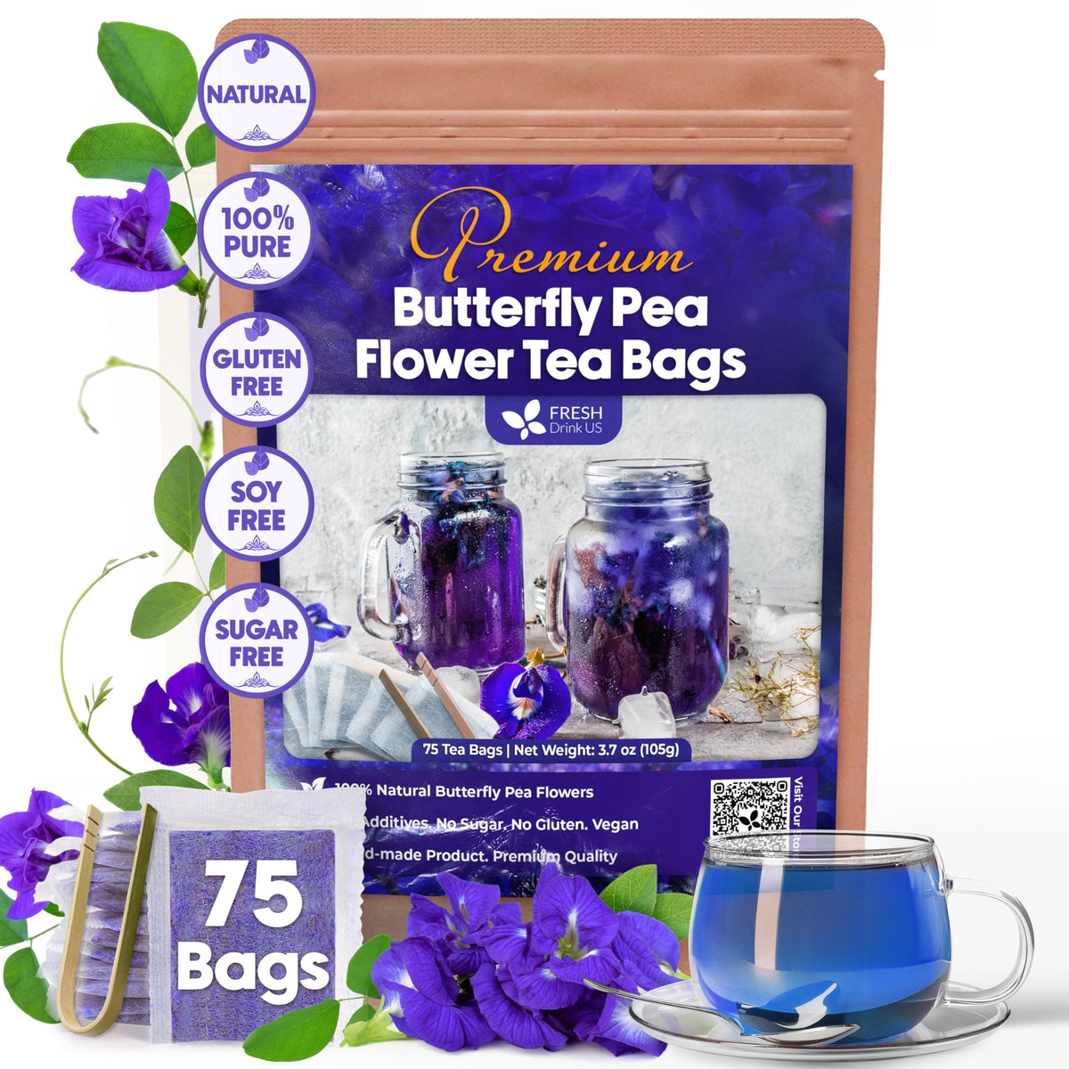FreshDrinkUS blue butterfly pea tea bags packaging showing natural, additive-free quality