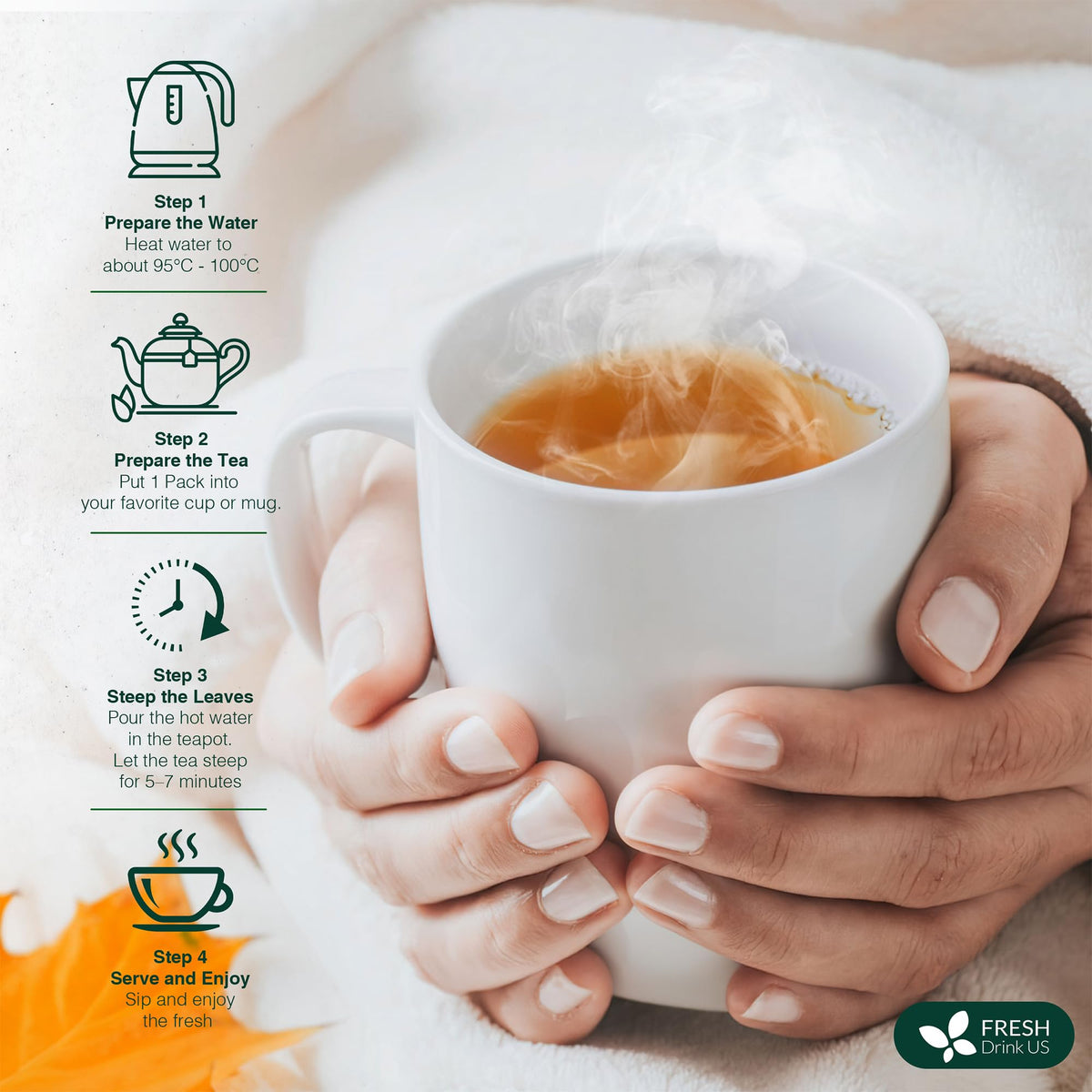 FreshDrinkUS brewed tea in a steaming cup releases herbal fragrance.