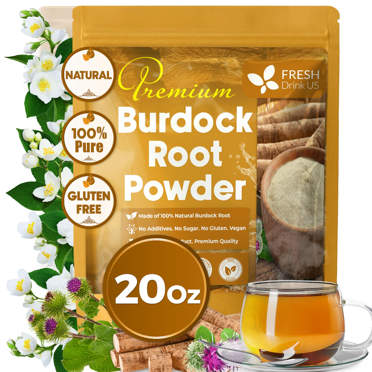 FreshDrinkUS burdock root powder packaging showcases natural purity for daily use