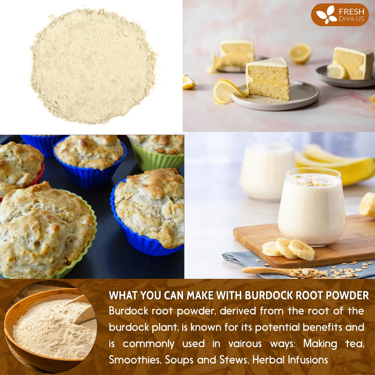 Pouring FreshDrinkUS burdock powder into liquid demonstrates easy incorporation into drinks