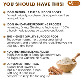 A scoop of FreshDrinkUS burdock powder ready to blend into smoothies and recipes