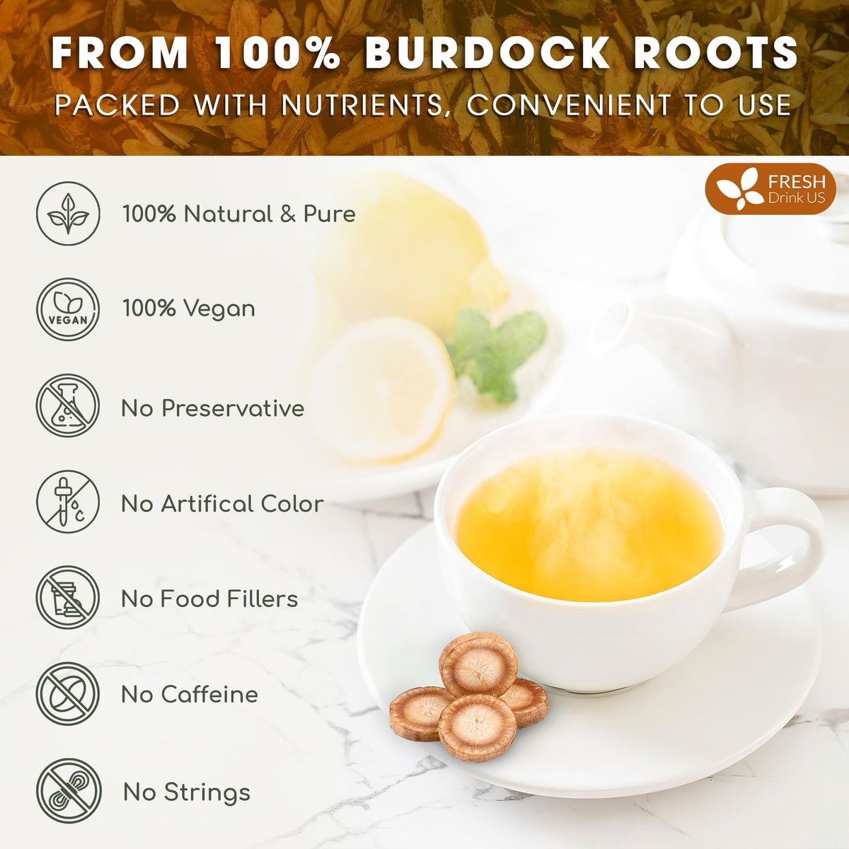 Close-up texture of FreshDrinkUS burdock root powder reveals a smooth earthy powder