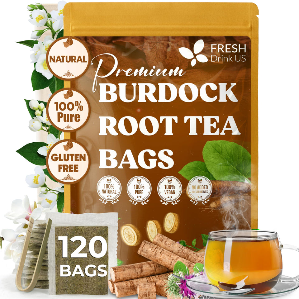 FreshDrinkUS burdock root tea bags pack showing natural quality for daily use