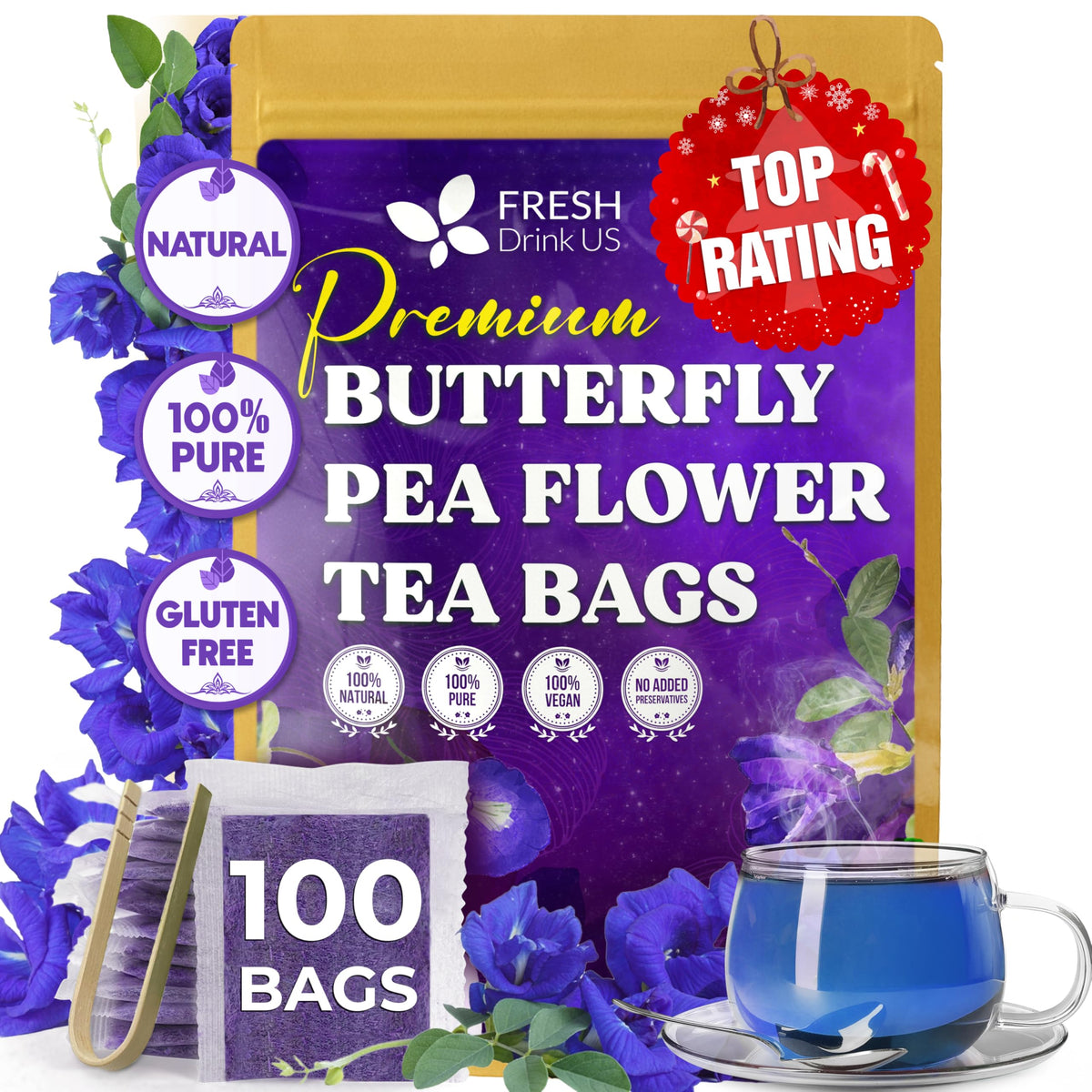 FreshDrinkUS butterfly pea tea bag blue highlights natural color and caffeine-free experience.