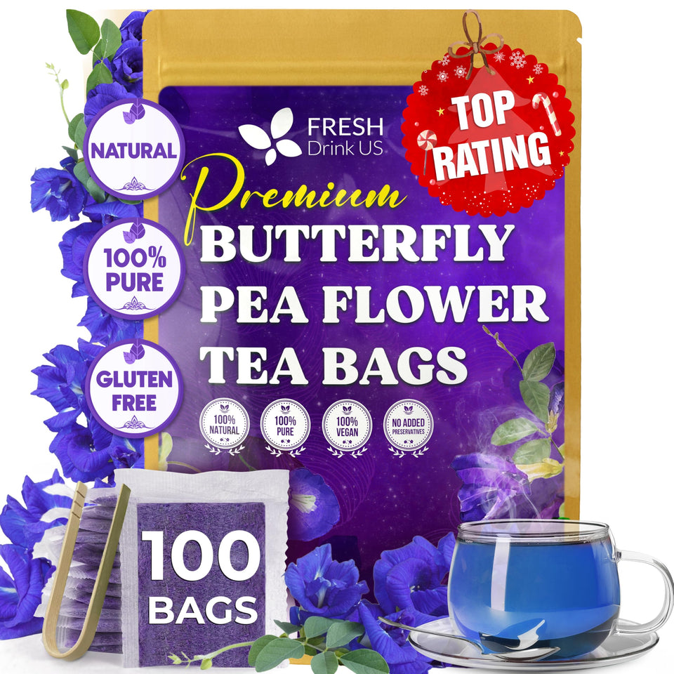 FreshDrinkUS butterfly pea tea bag blue highlights natural color and caffeine-free experience.